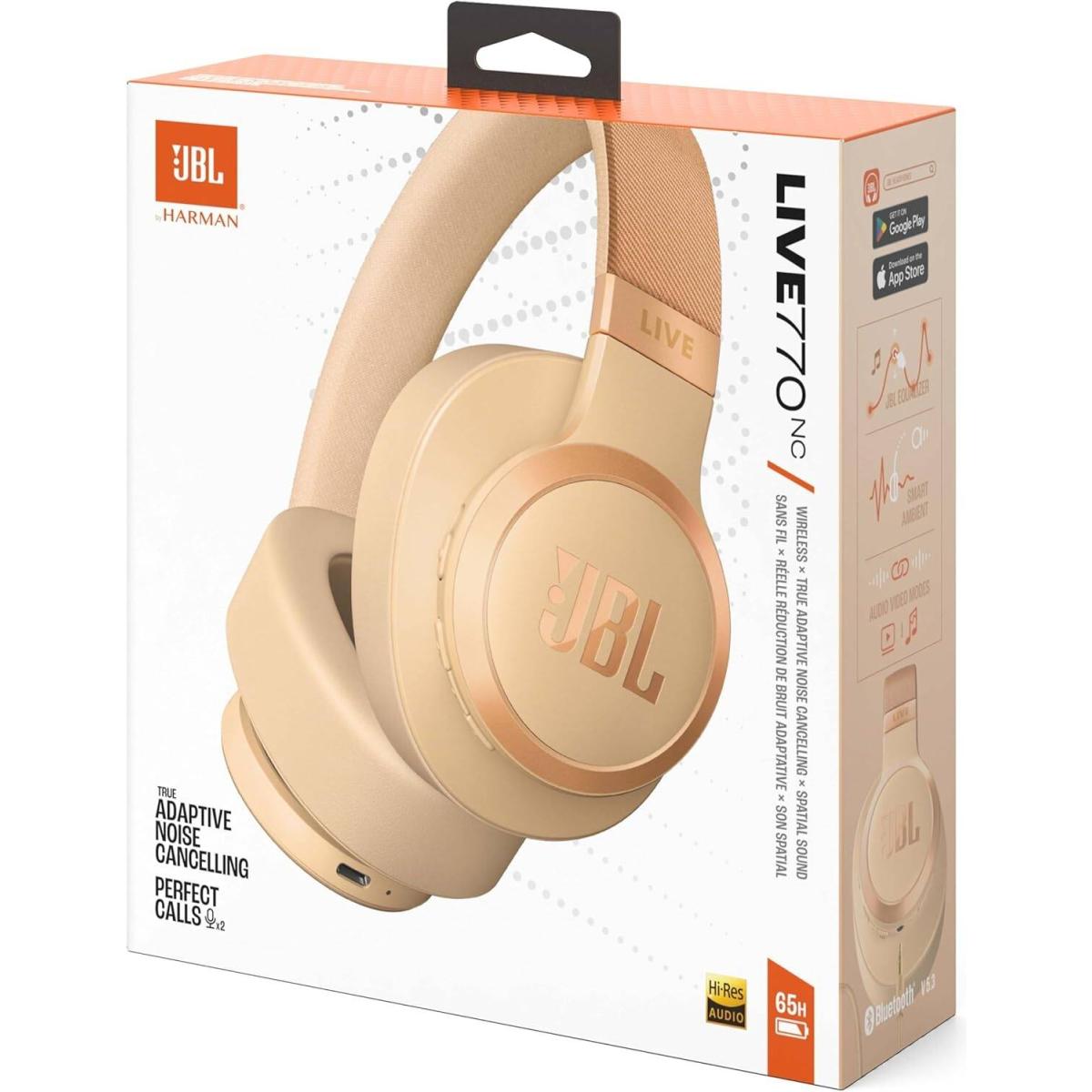 JBL Live 770NC - Wireless Over-Ear Headphones with True Adaptive Noise Cancelling with Smart Ambient, Up to 65 Hours of Battery Life, Comfort-fit Fabric Headband & Carrying Pouch (Sandstone)