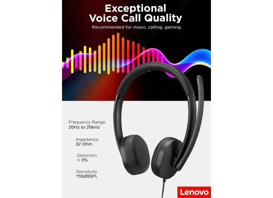 Lenovo USB-A Wired Stereo Headset for PC/Laptop, AI Noise Canceling via APP, 140g Lightweight, Replaceable Earcups, Double-Sided Boom Mic, in-line Controls with Mute for Call. Work with Teams/Zoom