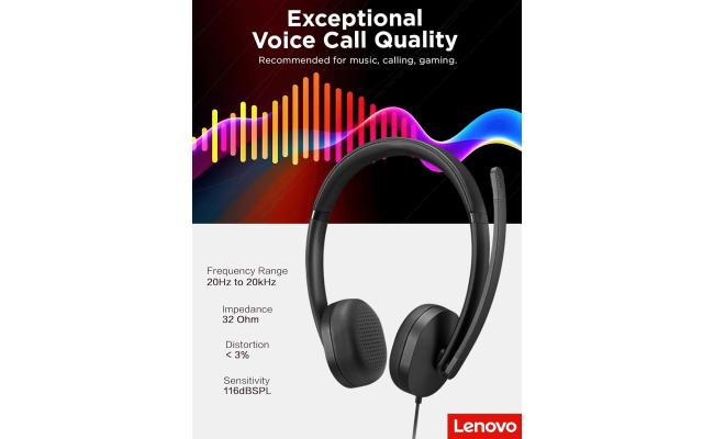 Lenovo USB-A Wired Stereo Headset for PC/Laptop, AI Noise Canceling via APP, 140g Lightweight, Replaceable Earcups, Double-Sided Boom Mic, in-line Controls with Mute for Call. Work with Teams/Zoom