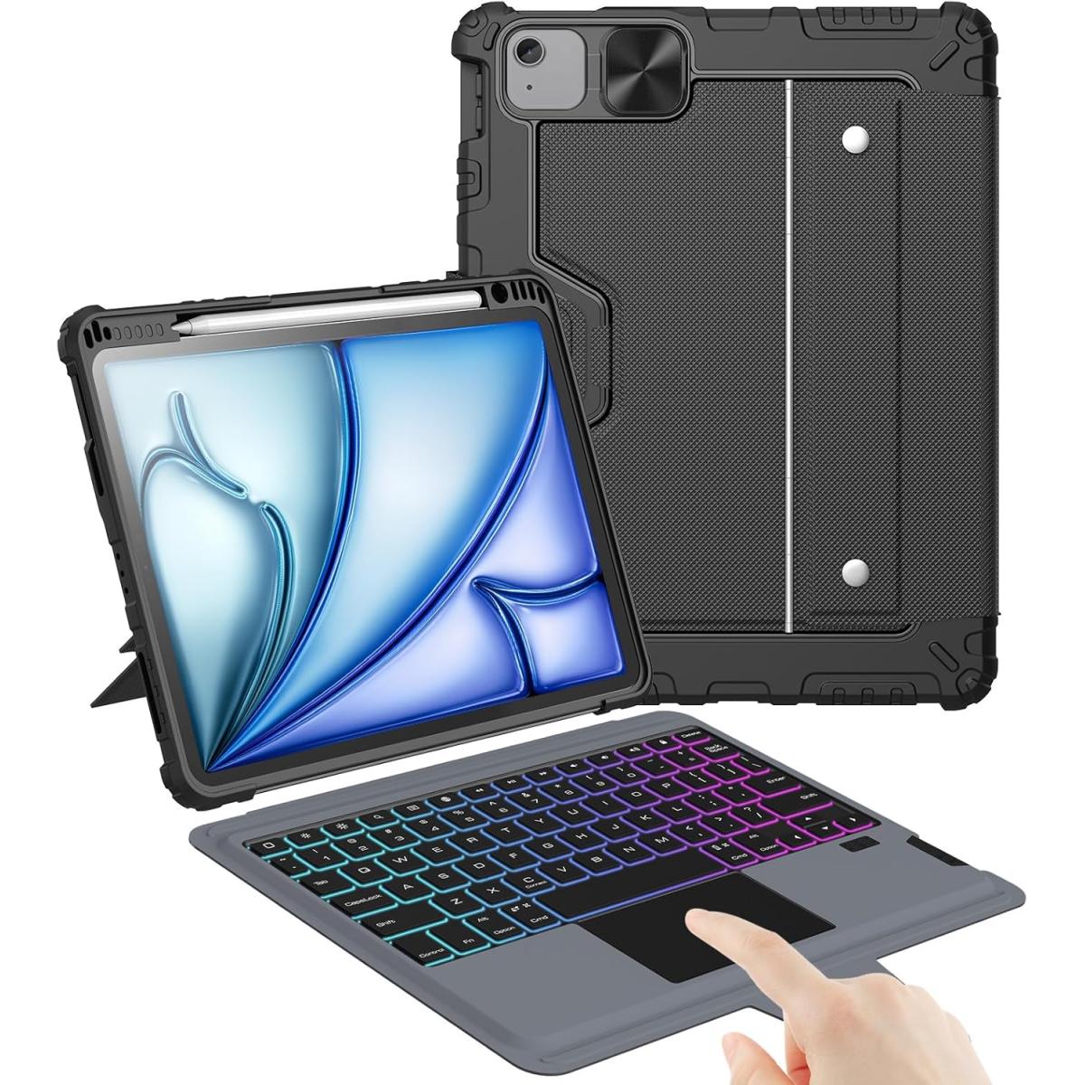 Nillkin iPad Air 11-inch (M3\/M2) Case with Detachable Keyboard, iPad Air 11 (2025), Apple iPad Air 11 (2024), Apple iPad Air (2022), Rugged Keyboard Case, Backlit, Trackpad, Portrait\/Landscape Modes Arabic \/ English - Black