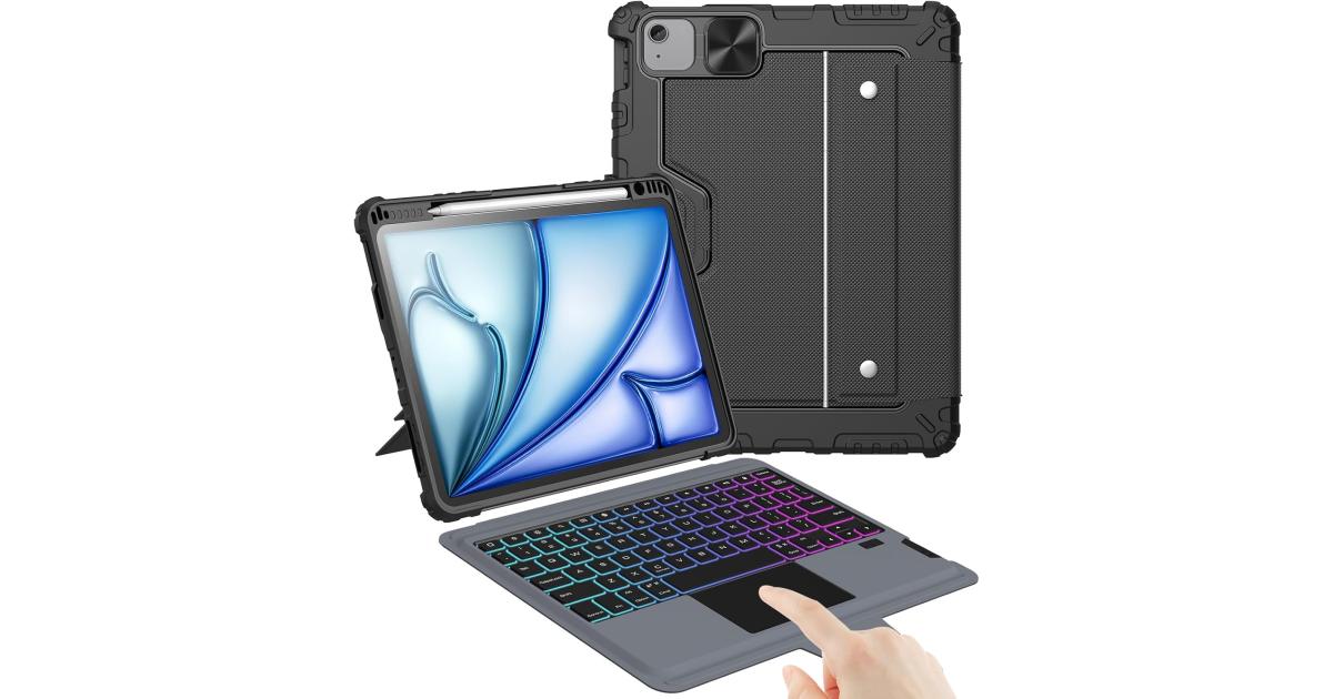حافظة Nillkin iPad Air 11 بوصة (M3/M2) مع لوحة مفاتيح قابلة للفصل، iPad Air 11 (2025)، Apple iPad Air 11 (2024)، Apple iPad Air (2022)، حافظة لوحة مفاتيح متينة، إضاءة خلفية، لوحة تتبع، أوضاع عمودية/أفقية، العربية / الإنجليزية - أسود