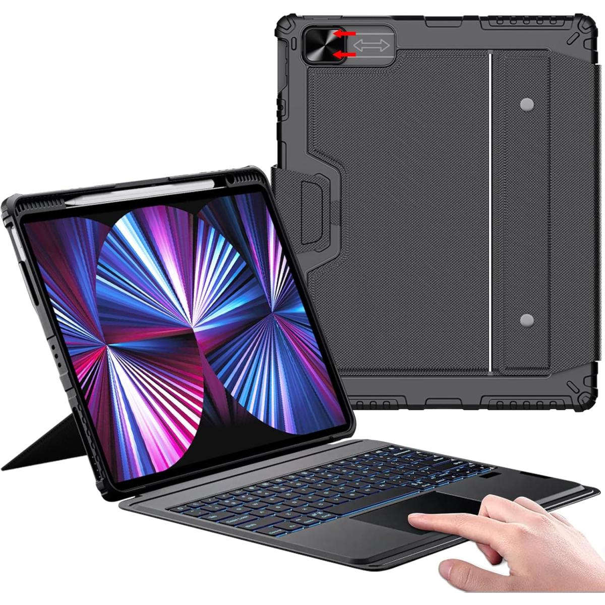 Nillkin iPad Air 13-inch Case Keyboard (M3,2025/M2,2024), Slide Camera Cover, iPad Pro 12.9 Protective Case with Backlit Wireless Detachable Keyboard Arabic / English, Trackpad and Pencil Holder - Black