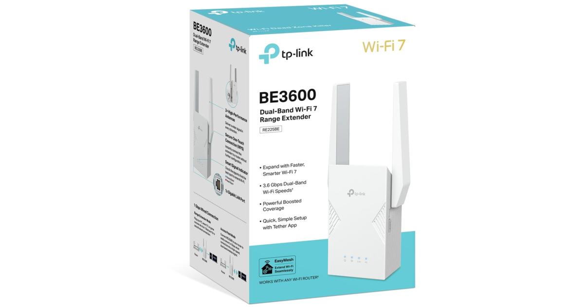 Tp-Link RE225BE BE3600 ثنائي النطاق Wi-Fi 7 Range Extender Gigabit Ethernet Port EasyMesh يعمل مع جميع أجيال وأجهزة Wi-Fi