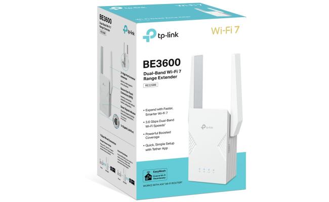 Tp-Link RE225BE BE3600 Dual-Band Wi-Fi 7 Range Extender Gigabit Ethernet Port EasyMesh Works with all Wi-Fi Generations & Devices