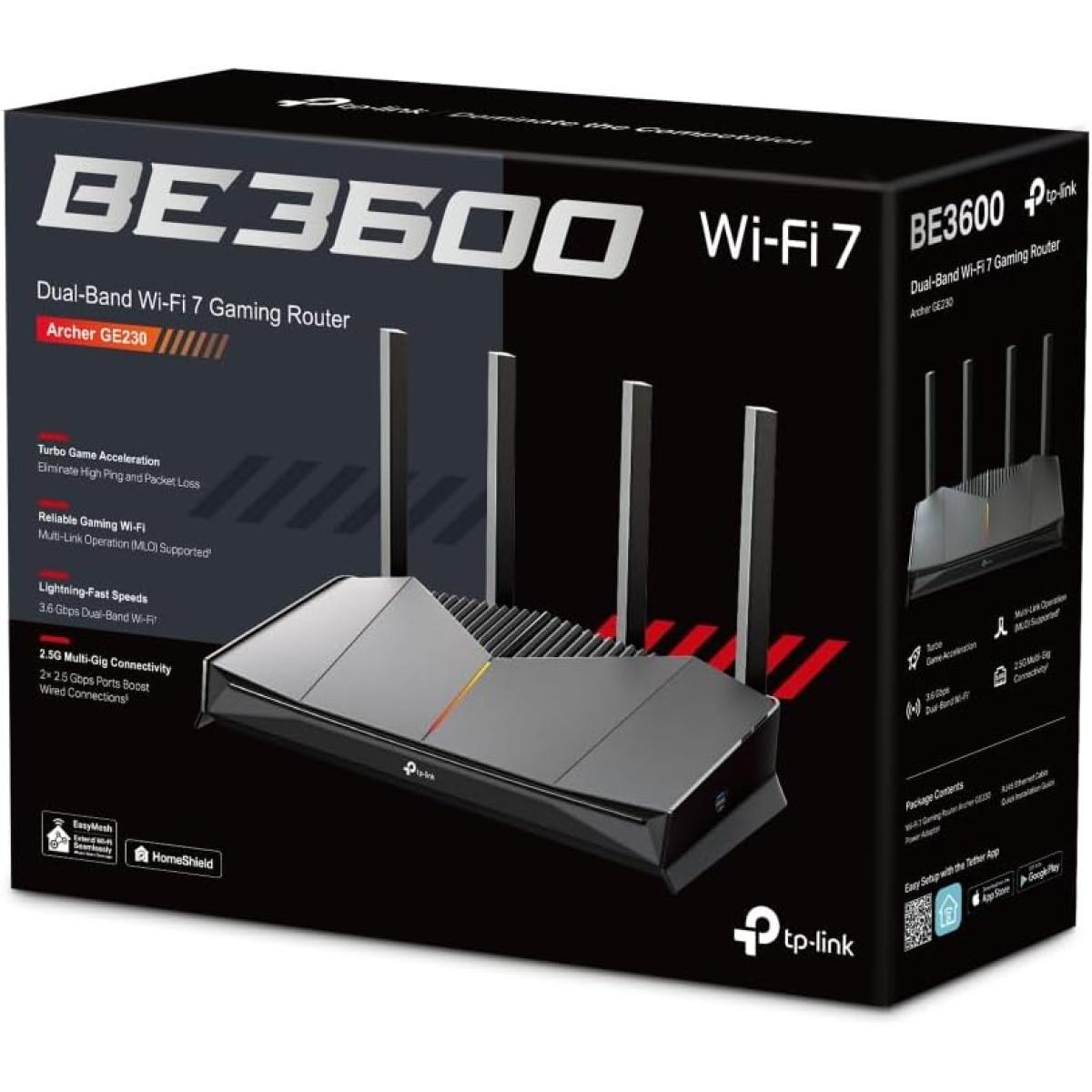 TP-Link Archer GE230 BE3600 Dual-Band Wi-Fi 7 Router, 2x 2.5G LAN Ports, Quad-Core CPU, RGB Lighting, 5GHz 2882 Mbps & 2.4GHz Wi-Fi Speed, 688 Mbps 3.6 Gbps Wi-Fi 7, Black
