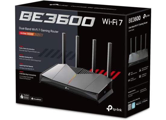 TP-Link Archer GE230 BE3600 Dual-Band Wi-Fi 7 Router, 2x 2.5G LAN Ports, Quad-Core CPU, RGB Lighting, 5GHz 2882 Mbps & 2.4GHz Wi-Fi Speed, 688 Mbps 3.6 Gbps Wi-Fi 7, Black