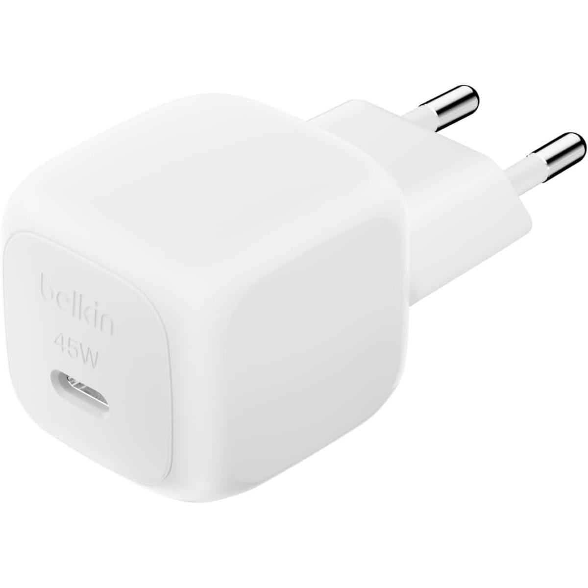 Belkin BoostCharge Compact 45W USB-C PD Fast Charging AC Charger for All iPhone 16 and iPhone 15 Models Samsung Galaxy S25, iPad, AirPods, and More - White