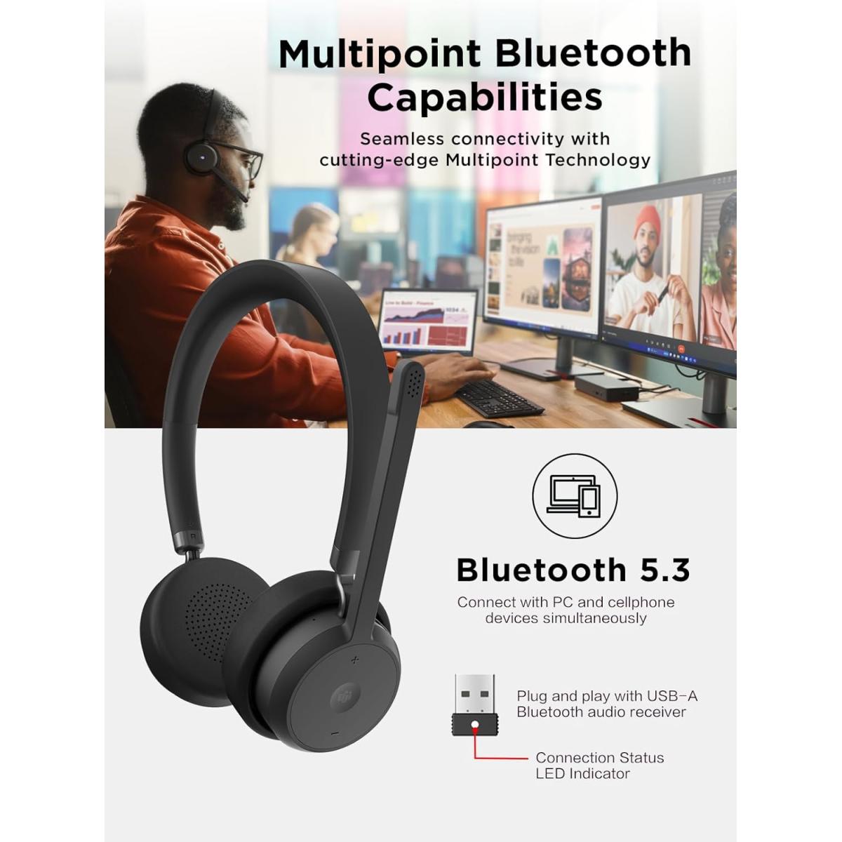 Lenovo Wireless VoIP Headset Teams Certified, Noise-Canceling Mic, Bluetooth 5.3 Multipoint, USB-A Receiver, 31-Hour Talk & 60-Hour Playback, Lightweight Over-Ear Design, Replaceable Earcups