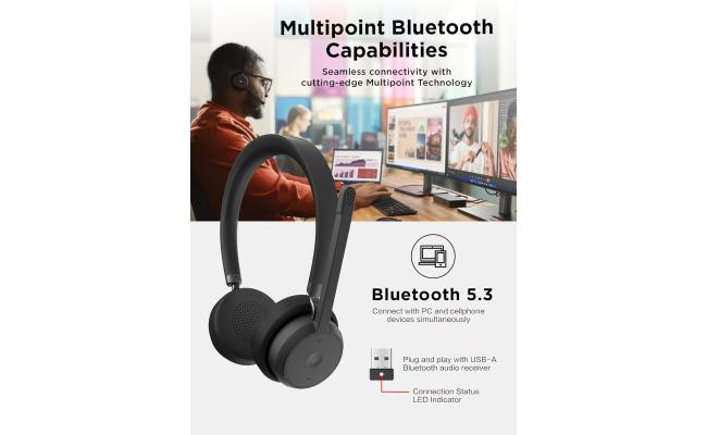 Lenovo Wireless VoIP Headset Teams Certified, Noise-Canceling Mic, Bluetooth 5.3 Multipoint, USB-A Receiver, 31-Hour Talk & 60-Hour Playback, Lightweight Over-Ear Design, Replaceable Earcups