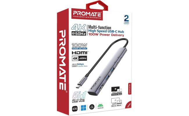 Promate LinkHub-5X UCB-C 5-in-1 Multiport Hub features 2 USB-A ports with 5Gbps speed, 1 USB-C port with 100W Power Delivery, 480Mbps USB-C port, 4K@60Hz HDMI port