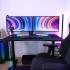 Arozzi Arena Small Curved Gaming and Office Desk with Full Surface Water Resistant and Washable Mouse Pad, 2 Monitor Mount Cut-Outs, and Built-In Cable Management , Pure Black