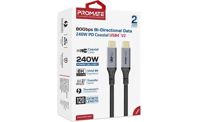 Promate PowerBolt5-80G Thunderbolt 5 USB 4 Cable 80Gbps Data Transfer, 240W Power Delivery, 8K Ultra HD Display Support, USB-C to USB-C 1.2M Cable, Compatible with Thunderbolt 5, Durable Build Black
