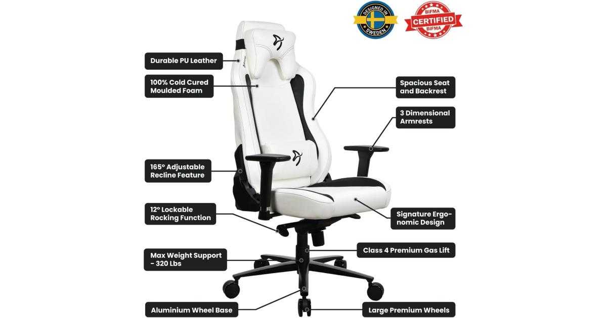 Arozzi Vernazza Soft PU Leather Ergonomic Office and Gaming Chair with High Backrest Recliner Swivel Tilt Rocker Adjustable Height and Adjustable Lumbar and Neck Support - White