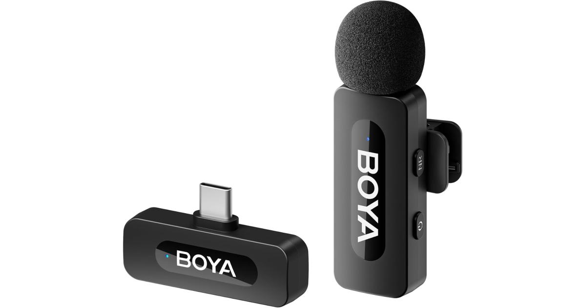 Boya BY-V10 نظام ميكروفون لاسلكي متعدد الاتجاهات بتردد 2.4 جيجا هرتز مع جهاز إرسال واستقبال لأجهزة النوع C وأجهزة Android. لمدونات الفيديو ووسائل التواصل الاجتماعي ومحتوى اليوتيوب مع بطارية قابلة للشحن. مدى 50 متر - أسود