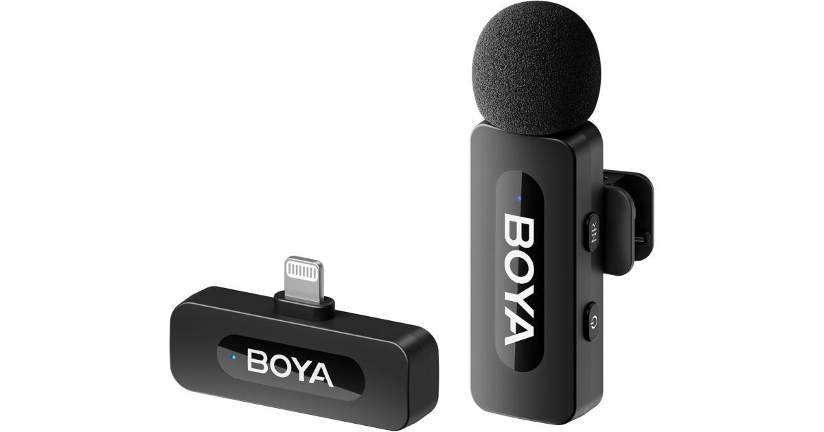 Boya BY-V1 ميكروفون لاسلكي Lavalier لهاتف iPhone، ميكروفون الهاتف المحمول iPhone لاسلكي، نطاق 100 متر، ميكروفون صغير على شكل طية صدر السترة للبودكاست والفيديو ومدونة الفيديو ويوتيوب وتيك توك - أسود