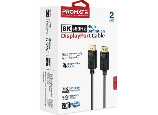 Promate DisplayPort Cable, Premium Ultra HD 8K@60Hz Video Display Cord with 32.4Gbps Bandwidth Transmission, Gold Plated Connectors, 2m Super Slim Cable - Black product thumbnail 2