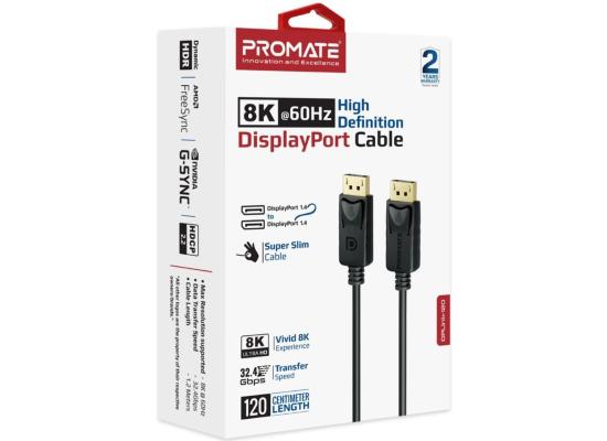Promate DisplayPort Cable, Premium Ultra HD 8K@60Hz Video Display Cord with 32.4Gbps Bandwidth Transmission, Gold Plated Connectors, 1.2m Super Slim Cable - Black product thumbnail 2