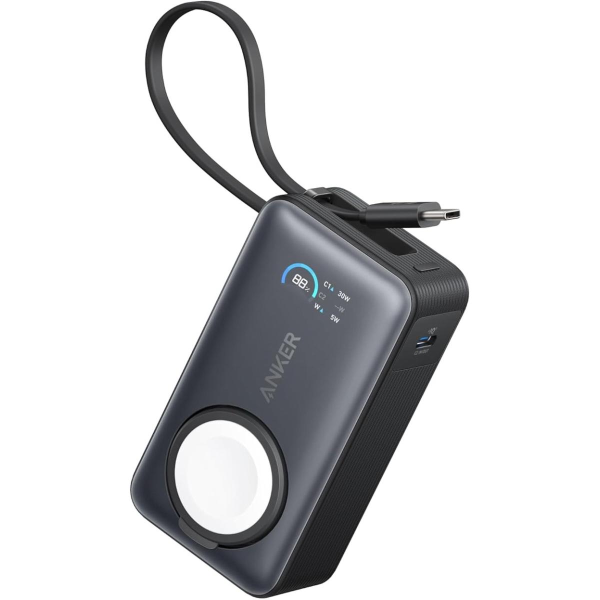 Anker MagGo Power Bank for Apple Watch, Officially Certified 10,000mAh Compact Battery Pack with Built-in USB-C Cable, 35W Max, for iPhone 15 Series, Samsung, iPad, AirPods, and More - Black