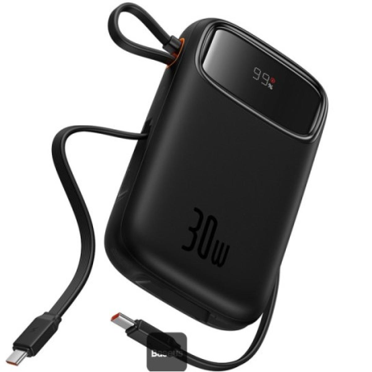 Baseus QPow2 10000mAh Digital Display Fast Charge Power Bank 30W With Built-in Dual Type-C Cable - Black