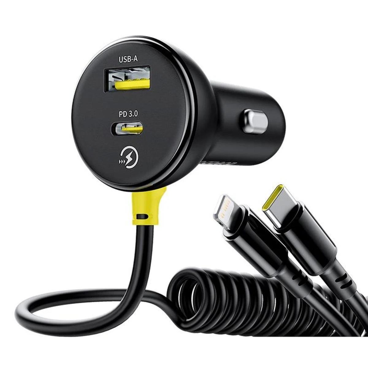Baseus Circular Car Charger with USB-C / Lightning Cable, 60W, 3A, 1 x USB-A - 1 x USB-C, Black