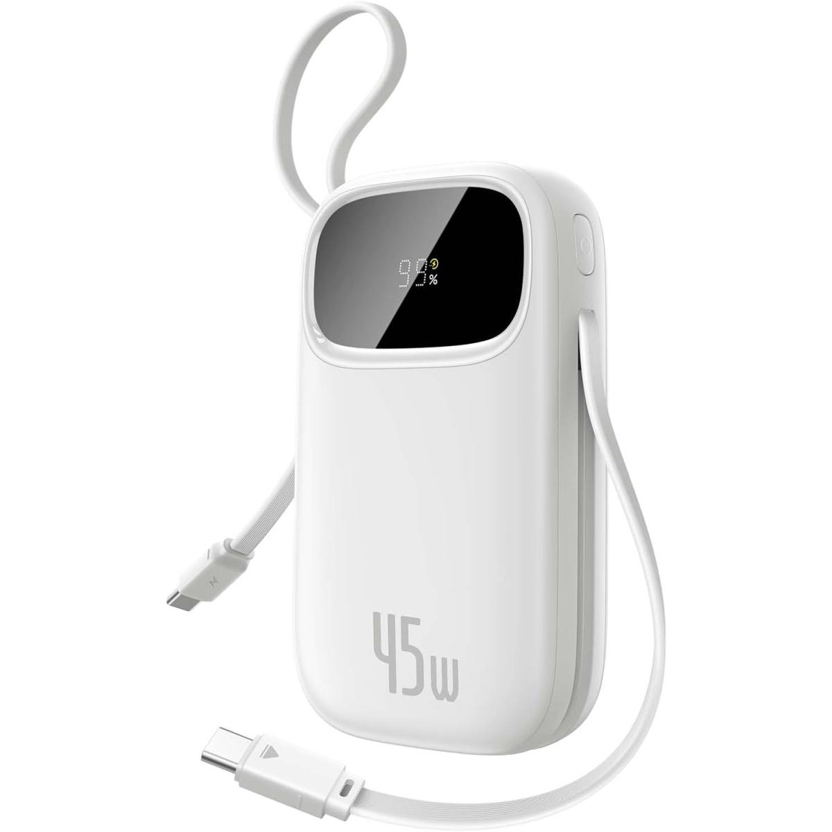 Baseus EnerFill Qpow 3 Digital Display Power Bank with 2 Built-in USB-C Cables 20000mAh 45W Cosmic - White