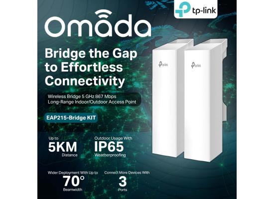 TP-Link Omada EAP215-Bridge KIT Point to Point Wireless Bridge Outdoor - 5GHz, 867Mbps, PtP&PtMP, 5km Range, 3 Gigabit Ports, PoE or DC Powered, IP65 Weatherproof, Preconfigured, Plug&Play