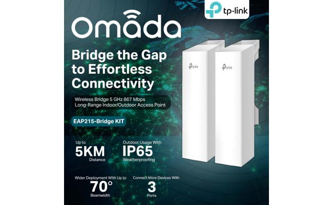 TP-Link Omada EAP215-Bridge KIT Point to Point Wireless Bridge Outdoor - 5GHz, 867Mbps, PtP&PtMP, 5km Range, 3 Gigabit Ports, PoE or DC Powered, IP65 Weatherproof, Preconfigured, Plug&Play
