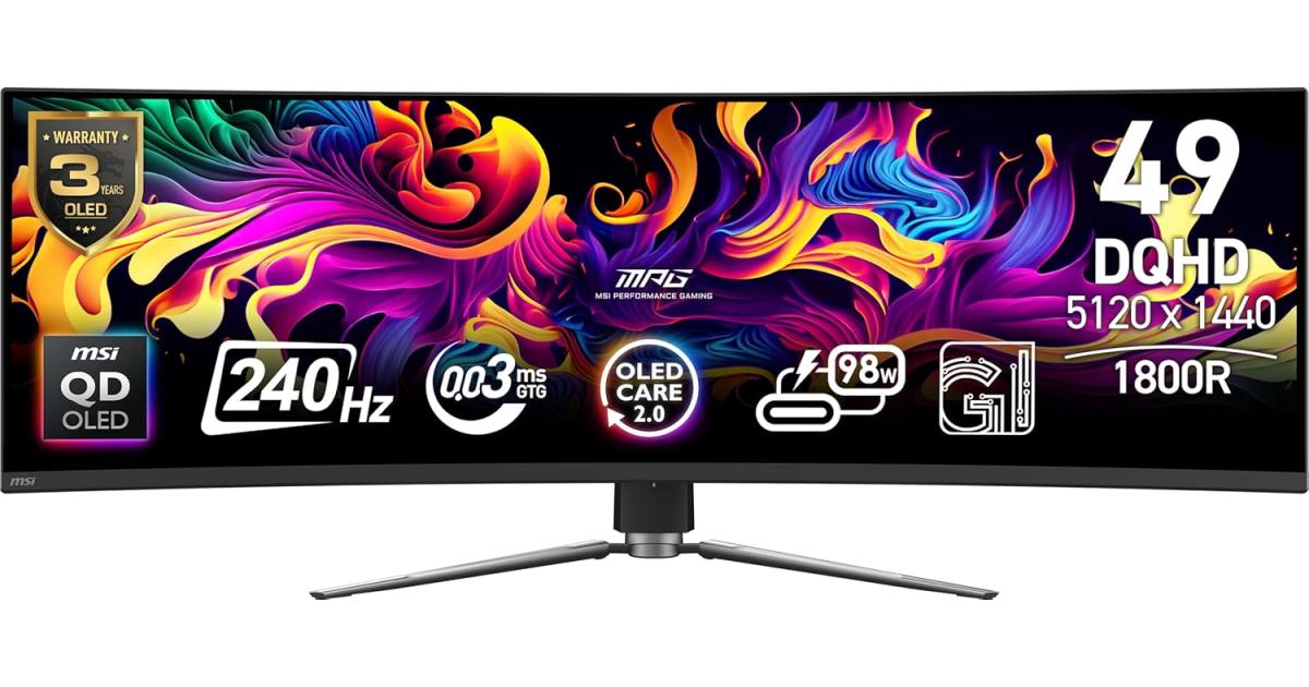 MSI MPG 491CQPX 49 بوصة QD-OLED منحني 1800R DQHD (5120 x 1440) 240 هرتز، 03 مللي ثانية، HDR 400، مزامنة متكيفة، HDMI 2.1، OLED Care 2.0، نوع C حتى 98WVGA، ارتفاع قابل للتعديل، مكبر صوت، أسود