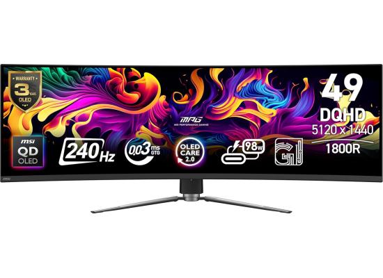 MSI MPG 491CQPX 49" QD-OLED Curved 1800R DQHD (5120 x 1440) 240Hz,.03ms, HDR 400 , Adaptive-Sync, HDMI 2.1 , OLED Care 2.0, Type-C up to 98WVGA , Height Adjustable, Speaker, Black