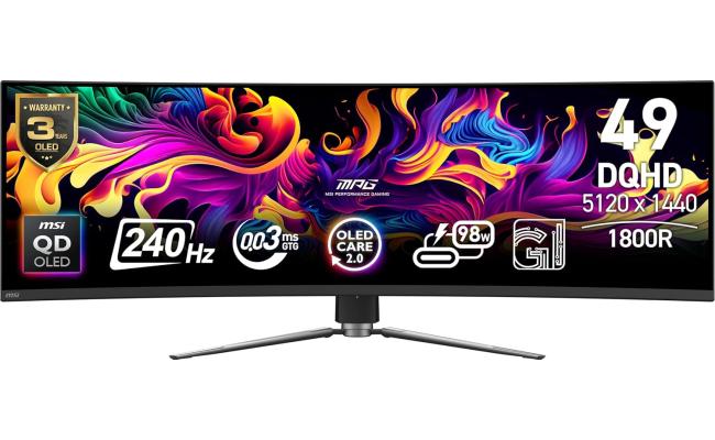 MSI MPG 491CQPX 49" QD-OLED Curved 1800R DQHD (5120 x 1440) 240Hz,.03ms, HDR 400 , Adaptive-Sync, HDMI 2.1 , OLED Care 2.0, Type-C up to 98WVGA , Height Adjustable, Speaker, Black