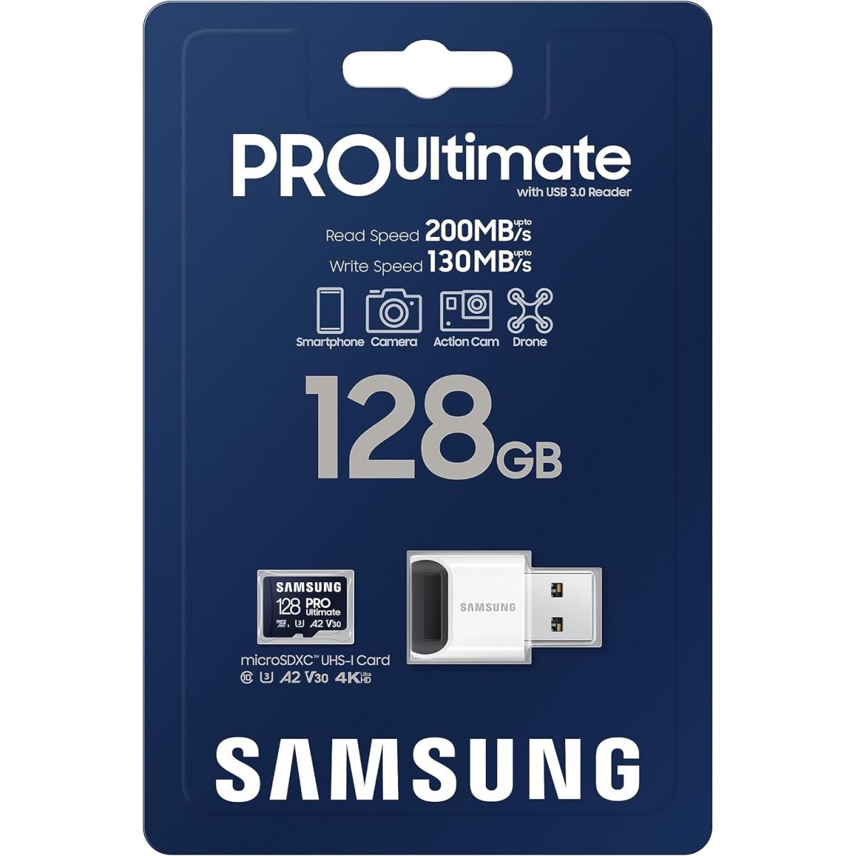 Samsung PRO Ultimate microSD Memory Card+Reader, 128GB microSDXC, Up to 200 MB/s, 4K UHD, UHS-I, Class 10, U3,V30, A2 for GoPRO Action Cam, DJI Drone, Gaming, Phones, Tablets