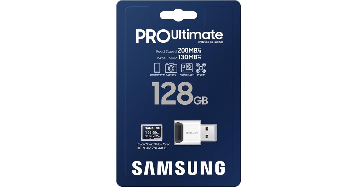 بطاقة ذاكرة +قارئ Samsung PRO Ultimate microSD، سعة 128 جيجابايت microSDXC، حتى 200 ميجابايت/ثانية، 4K UHD، UHS-I، فئة 10، U3، V30، A2 لكاميرا GoPRO Action Cam، DJI Drone، الألعاب، الهواتف، الأجهزة اللوحية