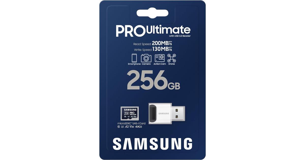 بطاقة ذاكرة +قارئ Samsung PRO Ultimate microSD، سعة 256 جيجابايت microSDXC، حتى 200 ميجابايت/ثانية، 4K UHD، UHS-I، فئة 10، U3، V30، A2 لكاميرا GoPRO Action Cam، DJI Drone، الألعاب، الهواتف، الأجهزة اللوحية