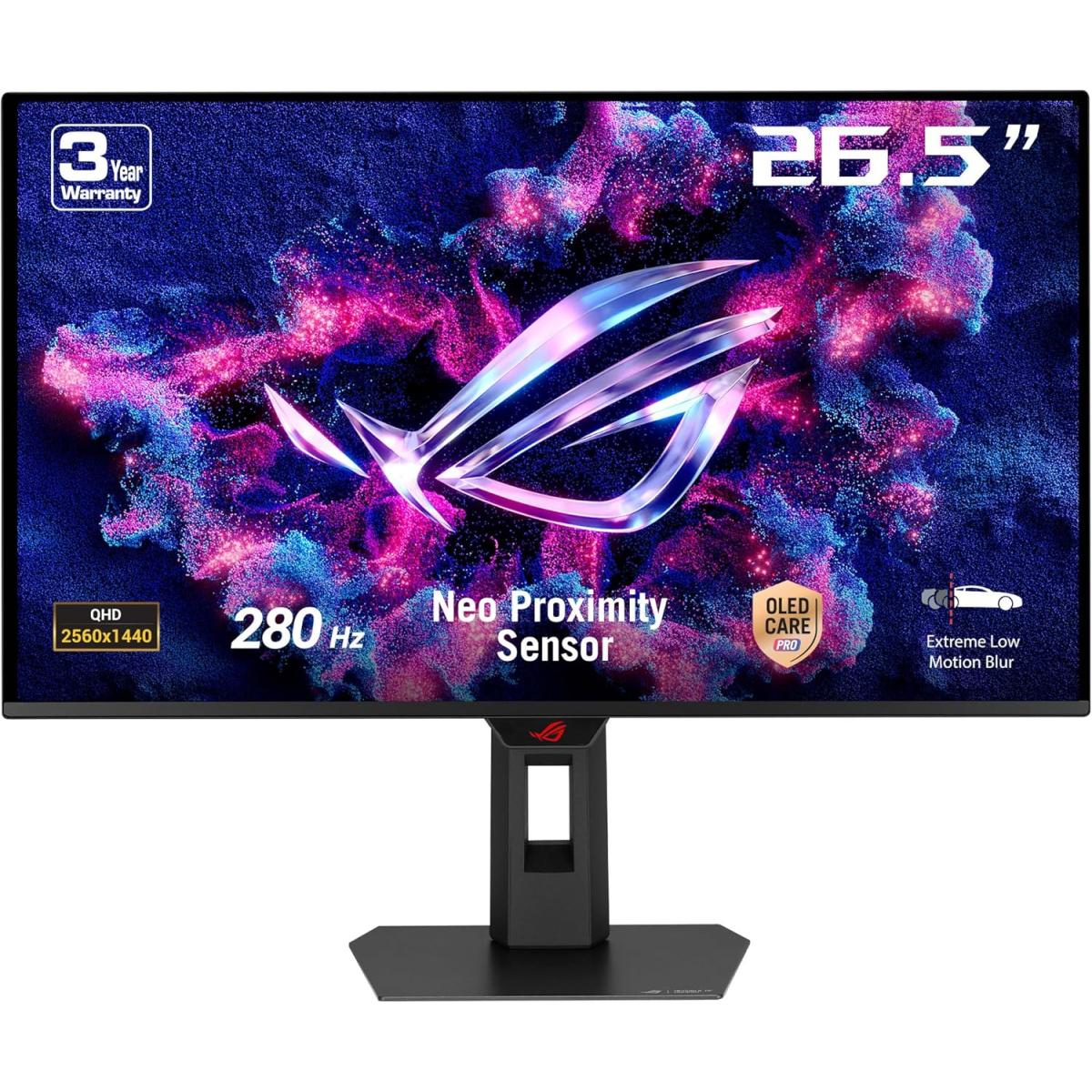 ROG Strix OLED XG27ACDMS 27" 1440p QD-OLED, 280 Hz, 0.03 ms, Custom Heatsink, Neo Proximity Sensor, ASUS OLED Care Pro, Uniform Brightness, G-SYNC\u00ae compatible, 99% DCI-P3, and DisplayWidget Center