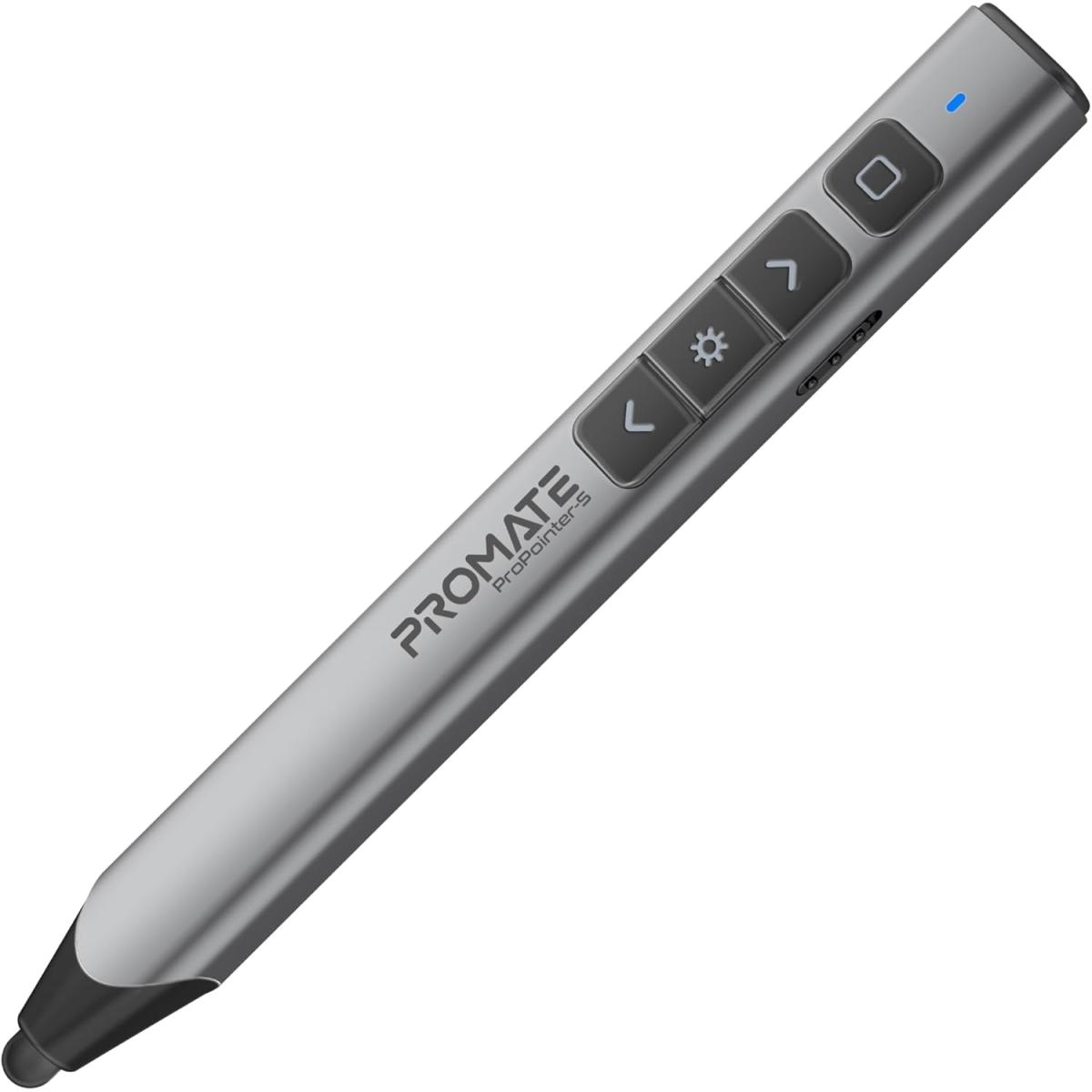 Promate Wireless 2-in-1 Presenter with Multifunctional Stylus, 2.4GHz RF Connectivity, Brilliant Green 200m Laser Pointer, 50m Range, One-Touch Presentation Control - Black
