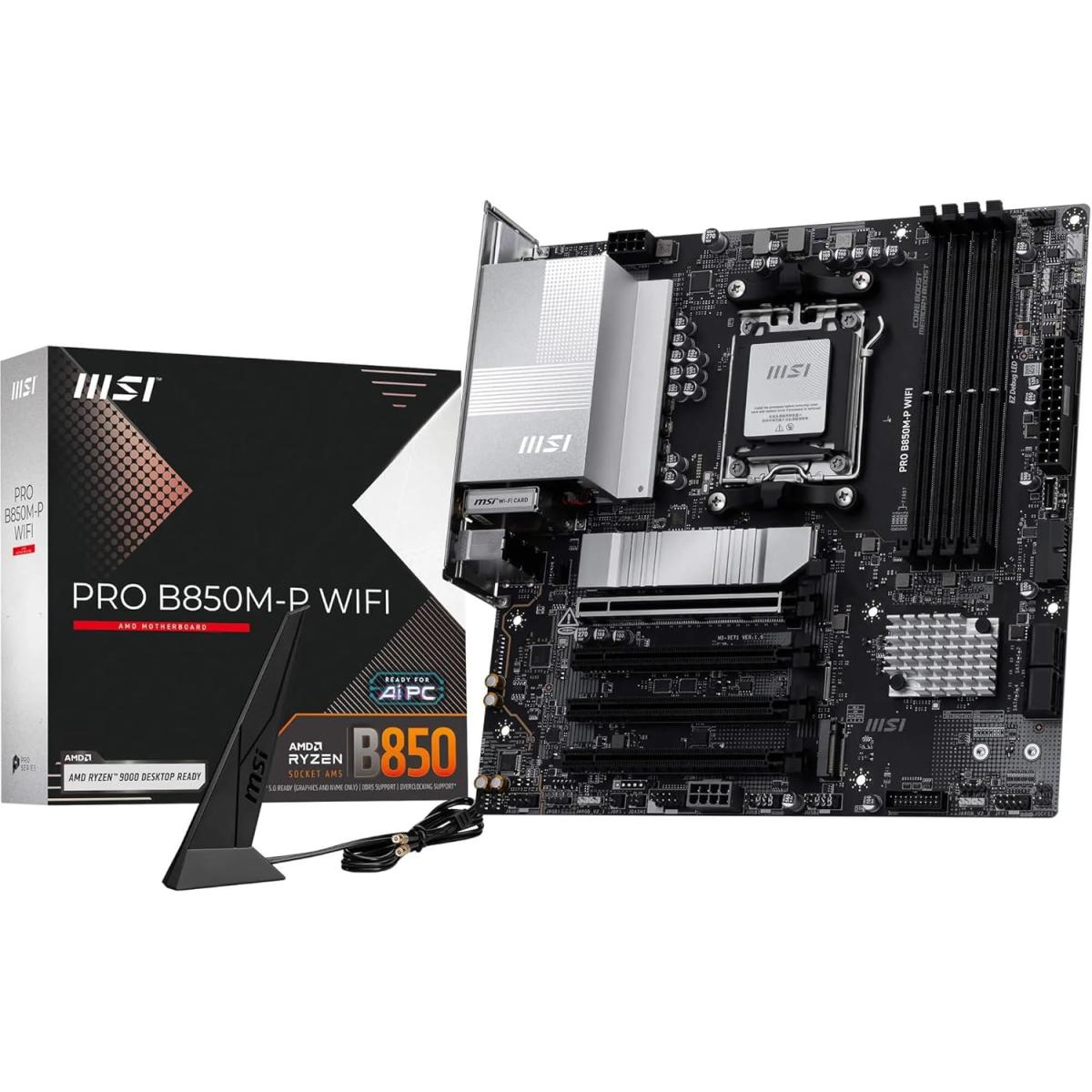 MSI PRO B850M-P WiFi 7 Micro ATX Supports AMD Ryzen 9000\/8000 \/7000 Processors, AM5 - DDR5 Memory Boost (8200+ MT\/s OC), PCIe 5.0 x16 & 4.0 x16, M.2 Gen5, Wi-Fi 7, 5G LAN