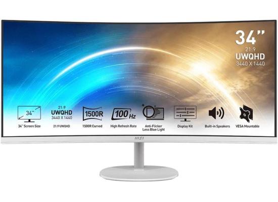MSI PRO MP341CQW 34" Business & Productivity Curved 1500R 2K UWQHD VA,100Hz Refresh Rate, 1ms , 1.07b Color Support, Built In Speakers , White product thumbnail 2