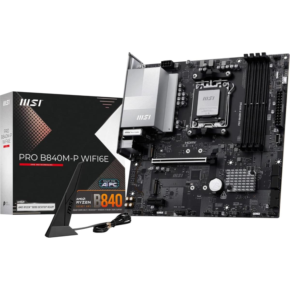 MSI PRO B840M-P WiFi 6E AM5 ATX AMD B840 Chipset, 2x DDR5 UDIMM Slots, Up to 128GB Max Memory, PCIe x16 Slot, 2x M.2 Slots, WiFi & BT Connectivity