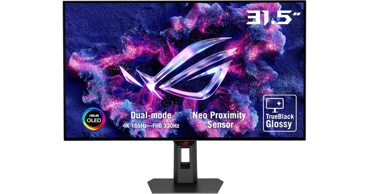 ASUS ROG Strix OLED XG32UCWG مقاس 32 بوصة 4K TrueBlack Glossy™ OLED، الوضع المزدوج (4K 165 هرتز، FHD 330 هرتز)، 0.03 مللي ثانية، DisplayHDR™ 400، متوافق مع G-SYNC، مبدد حرارة مخصص، KVM تلقائي، USB Type-C