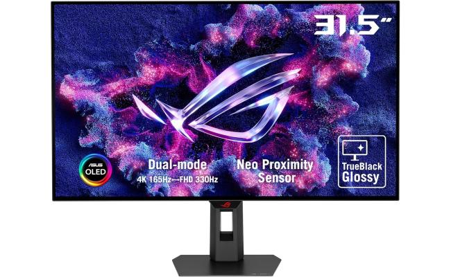 ASUS ROG Strix OLED XG32UCWG 32” 4K TrueBlack Glossy™ OLED , Dual Mode (4K 165Hz, FHD 330Hz), 0.03ms, DisplayHDR™ 400 , G-SYNC Compatible, Custom Heatsink, Auto KVM, USB Type-C