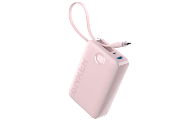Anker Power Bank Battery Pack, 20,000mAh 22.5W High Speed Charging Portable Charger with Built-in USB C Cable, 1 USB-C, 1 USB-A, for iPhone 15/15 Plus/15 Pro/15 Pro Max, MacBook, Galaxy - Pink
