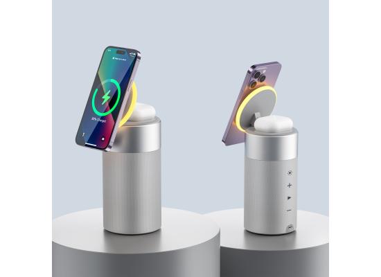 WIWU WI-W022 3 in 1 Multifunctional Wireless Charger 15W Fast Charging with Ambient Light Bluetooth Speaker 5W 360° surround-sound - White product thumbnail 2