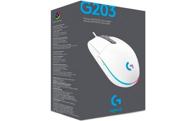 Logitech G203 Wired Gaming Mouse, 8,000 DPI, Rainbow Optical Effect LIGHTSYNC RGB, 6 Programmable Buttons, On-Board Memory, Screen Mapping, PC/Mac Computer and Laptop Compatible - White
