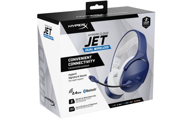 HyperX Cloud Jet Dual Wireless & Bluetooth Gaming Headset Signature HyperX Sound Swivel-to-mute Boom Mic Up to 25 hours of Playtime Intuitive Audio Controls , Blue