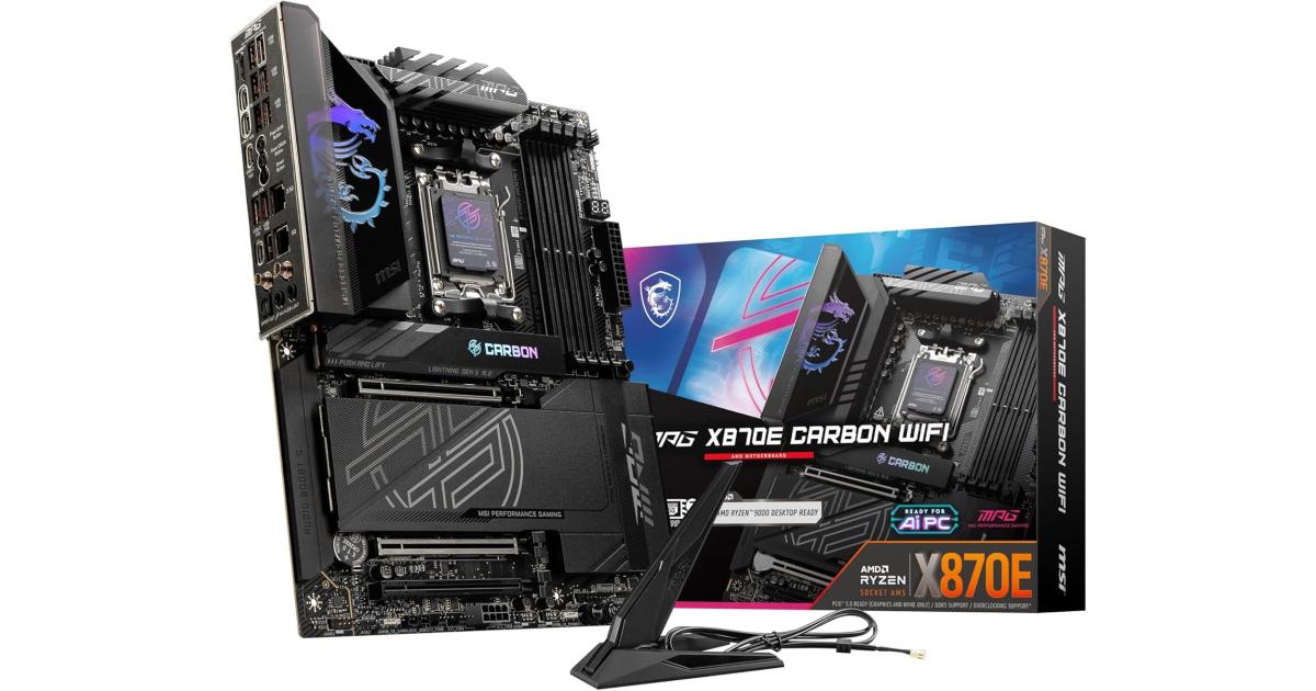 MSI MPG X870E Carbon Wi-Fi AM5 ATX AMD X870E Chipset DDR5 4x M.2 Slots، 3x PCI-E x16 Slots، Wi-Fi 7 & BT5.4 Connectivty، أسود