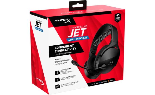 HyperX Cloud Jet Dual Wireless & Bluetooth Gaming Headset Signature HyperX Sound Swivel-to-mute Boom Mic Up to 25 hours of Playtime Intuitive Audio Controls , Black