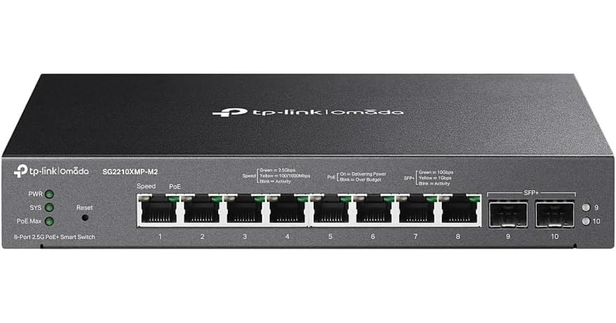 TP-Link SG2210XMP-M2 - محول شبكة Omada متعدد جيجابت، 8 منافذ 2.5G PoE+، 160 وات ومنفذين 10GE SFP+ Smart Switch