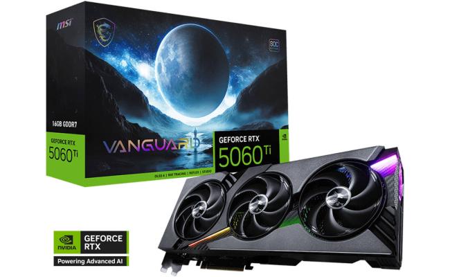 MSI GeForce RTX 5060 Ti VANGUARD SOC 16GB GDDR7 128-Bit Memory, 2692 MHz Boost Clocks, 28 Gbps Memory Speed, 4608 CUDA Cores, PCI Express Gen 5 x16