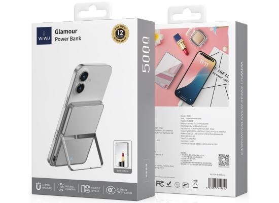 WiWU Wi-P034 5000mAh Ultra Slim Portable Power Bank with 15W Output Multiple Functions Foldable Stand Back Mirror Wireless Charging - Silver product thumbnail 2