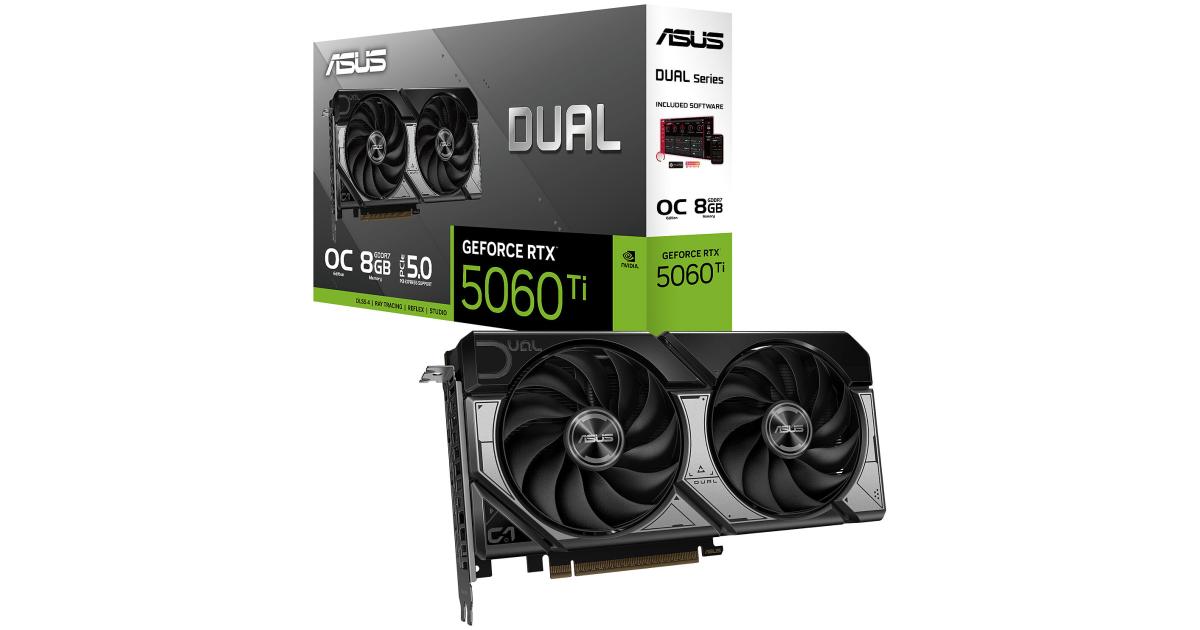 ASUS Dual GeForce RTX 5060 Ti 8GB GDDR7 OC Edition ذاكرة 128 بت، ساعة تعزيز 2602 ميجاهرتز، سرعة ذاكرة 28 جيجابت في الثانية، 4608 نواة CUDA
